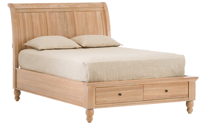 Wooden bed with beige bedding on a white background